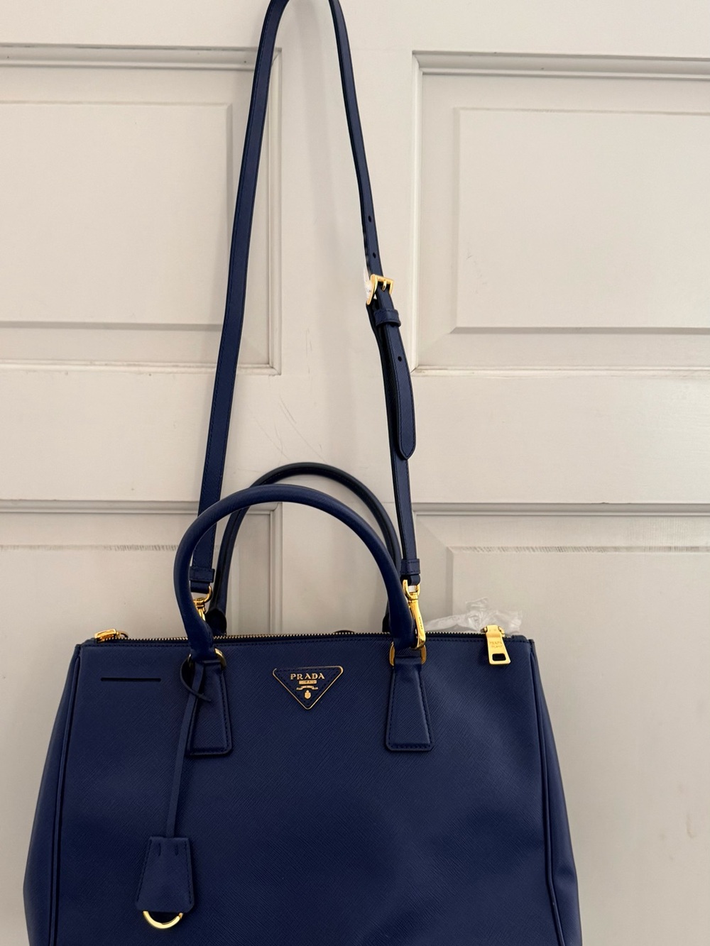 Prada Navy Saffiano Leather Satchel with Gold Hardware with Receipt